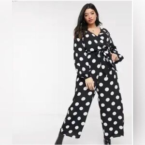 ASOS Curve Wrap Tie Jumpsuit in Mono Polka Dot